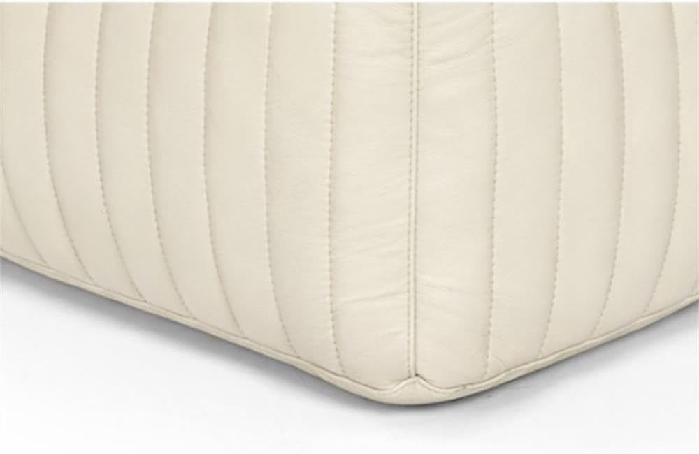 Pemberly Row Contemporary Square Pouf, Genuine Leather Upholstery, Ivory Finish, Foam-Filled Body, Vertical Channel Stitching, Mid-Century Accent Furniture for Living Room or Extra Seating
