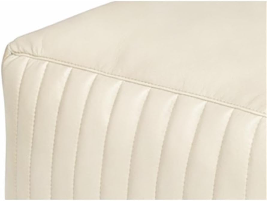 Pemberly Row Contemporary Square Pouf, Genuine Leather Upholstery, Ivory Finish, Foam-Filled Body, Vertical Channel Stitching, Mid-Century Accent Furniture for Living Room or Extra Seating
