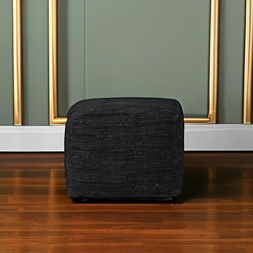 SIMPLIHOME Fredrik 18" Wide Square Pouf in Black Genuine Woven Leather