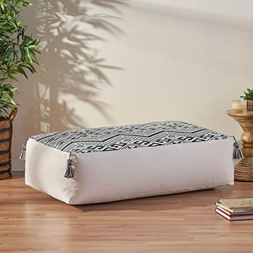 Foamma Pouf Ottoman Natural and Blue, 16"x16"x16" - Square Ottoman Foot Rest for Living Room and Bedroom, Pouf Footstool with Handcrafted Wool Cover, Foot Rest for Couch, Boho Furniture for Home