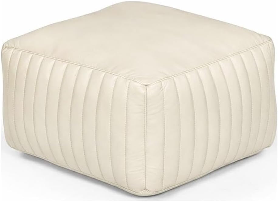 Pemberly Row Contemporary Square Pouf, Genuine Leather Upholstery, Ivory Finish, Foam-Filled Body, Vertical Channel Stitching, Mid-Century Accent Furniture for Living Room or Extra Seating