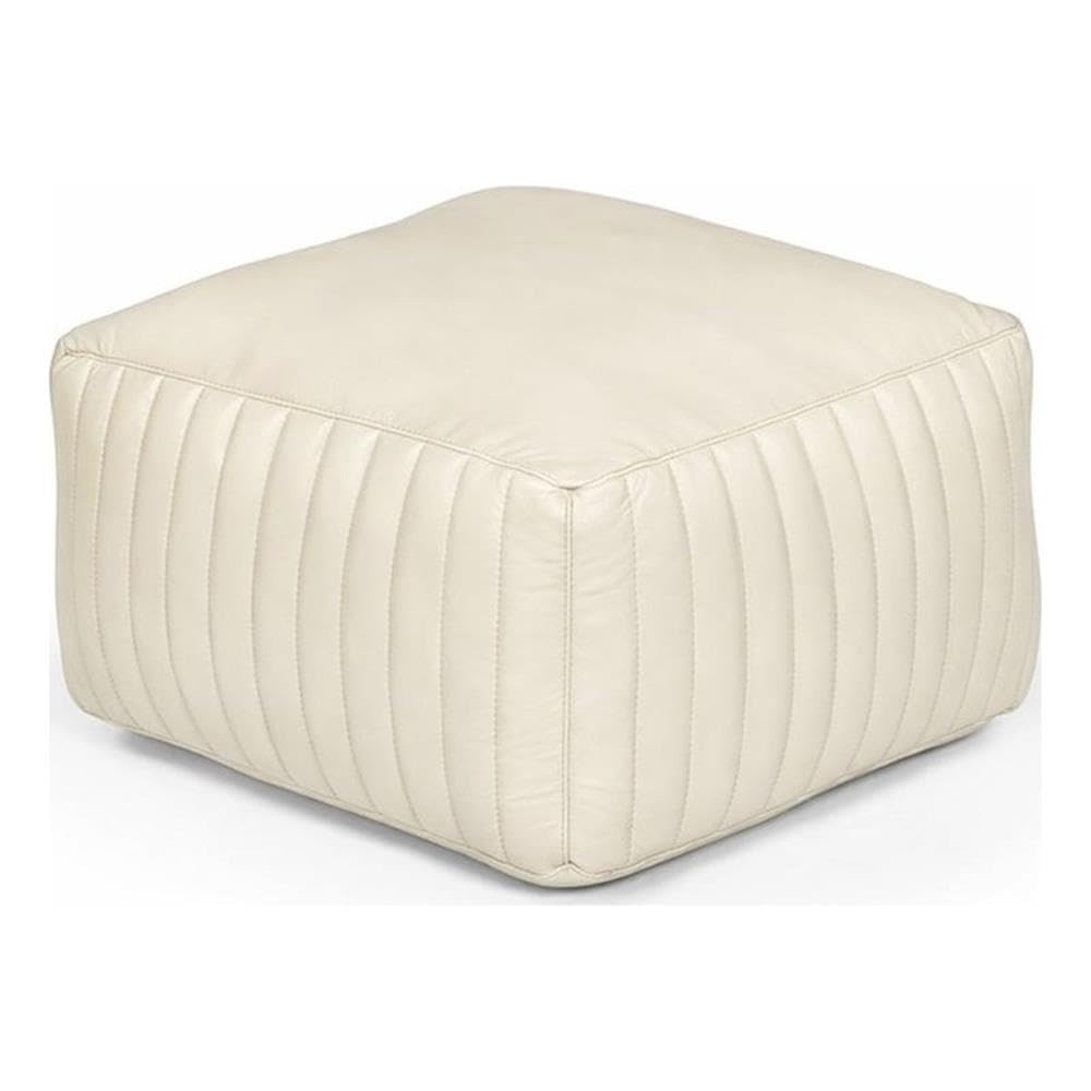 Pemberly Row Contemporary Square Pouf, Genuine Leather Upholstery, Ivory Finish, Foam-Filled Body, Vertical Channel Stitching, Mid-Century Accent Furniture for Living Room or Extra Seating