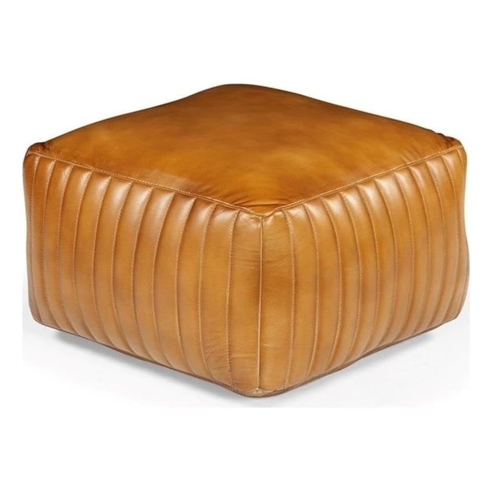 Pemberly Row Contemporary Square Pouf, Genuine Leather Upholstery, Ivory Finish, Foam-Filled Body, Vertical Channel Stitching, Mid-Century Accent Furniture for Living Room or Extra Seating