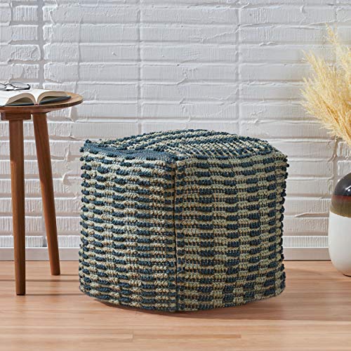 Foamma Pouf Ottoman Natural and Blue, 16"x16"x16" - Square Ottoman Foot Rest for Living Room and Bedroom, Pouf Footstool with Handcrafted Wool Cover, Foot Rest for Couch, Boho Furniture for Home