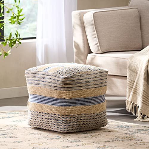 Foamma Pouf Ottoman Natural and Blue, 16"x16"x16" - Square Ottoman Foot Rest for Living Room and Bedroom, Pouf Footstool with Handcrafted Wool Cover, Foot Rest for Couch, Boho Furniture for Home