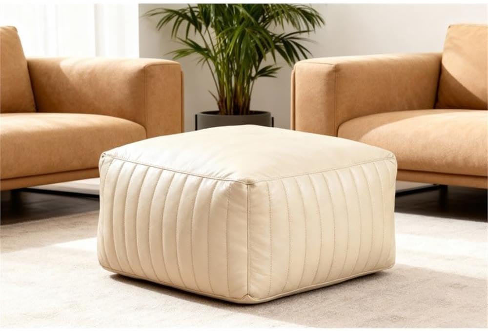 Pemberly Row Contemporary Square Pouf, Genuine Leather Upholstery, Ivory Finish, Foam-Filled Body, Vertical Channel Stitching, Mid-Century Accent Furniture for Living Room or Extra Seating