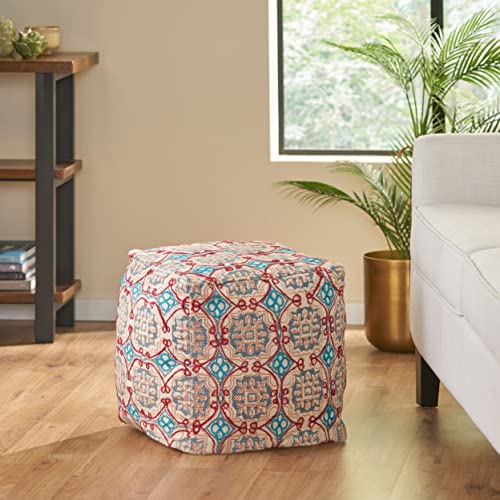 Foamma Pouf Ottoman Natural and Blue, 16"x16"x16" - Square Ottoman Foot Rest for Living Room and Bedroom, Pouf Footstool with Handcrafted Wool Cover, Foot Rest for Couch, Boho Furniture for Home
