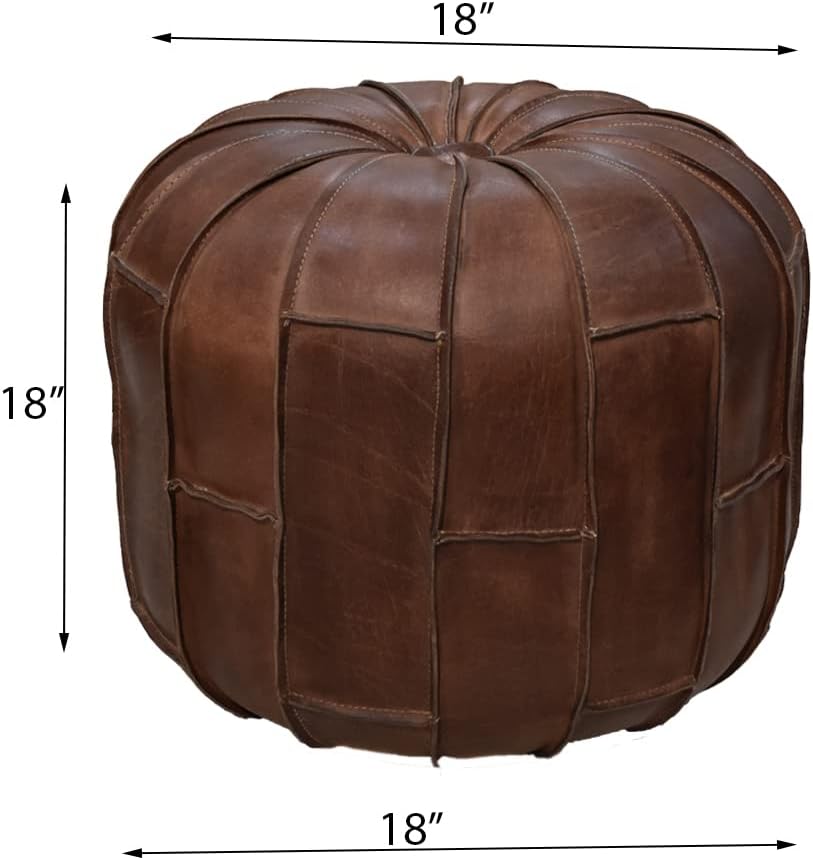 Handmade Eco-Friendly Solid Leather Pouf Brown Color Round 18" x 18" x 18" Buffalo Leather Pouf for Living Room, Bedroom Seating, Patio