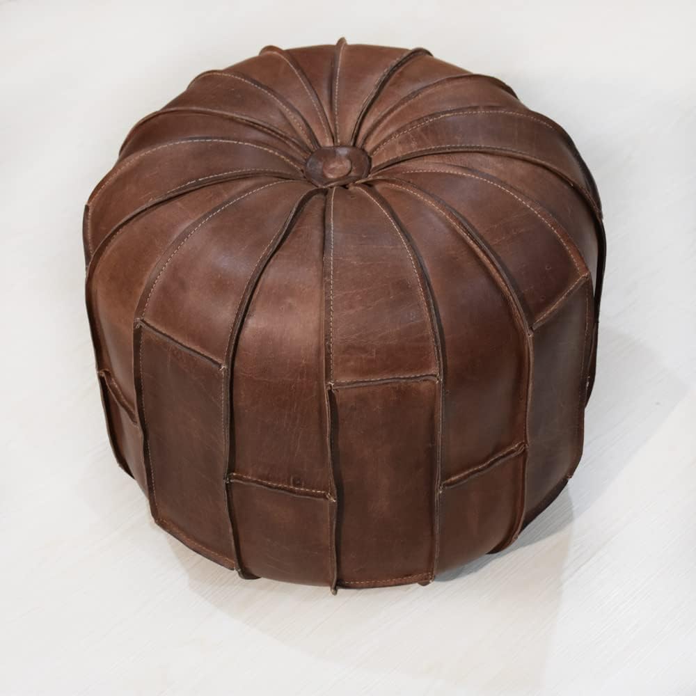 Handmade Eco-Friendly Solid Leather Pouf Brown Color Round 18" x 18" x 18" Buffalo Leather Pouf for Living Room, Bedroom Seating, Patio