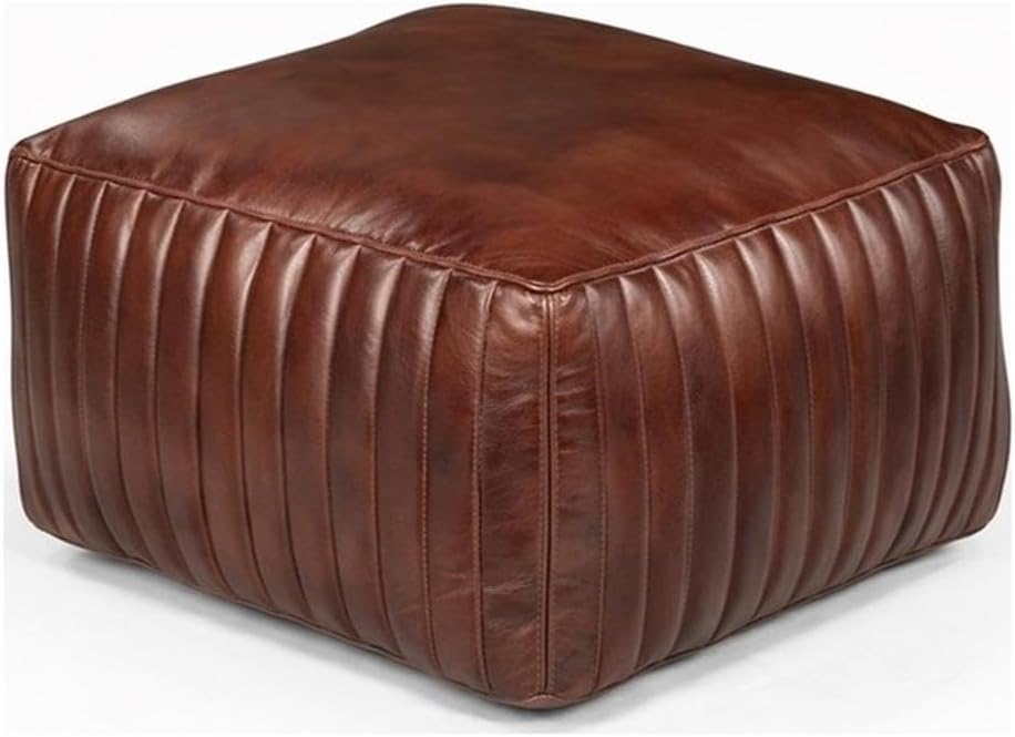 Pemberly Row Contemporary Square Pouf, Genuine Leather Upholstery, Ivory Finish, Foam-Filled Body, Vertical Channel Stitching, Mid-Century Accent Furniture for Living Room or Extra Seating