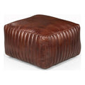 Pemberly Row Contemporary Square Pouf, Genuine Leather Upholstery, Ivory Finish, Foam-Filled Body, Vertical Channel Stitching, Mid-Century Accent Furniture for Living Room or Extra Seating