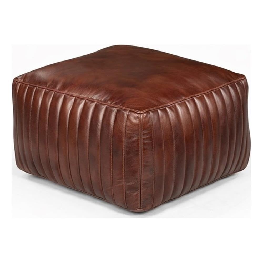 Pemberly Row Contemporary Square Pouf, Genuine Leather Upholstery, Ivory Finish, Foam-Filled Body, Vertical Channel Stitching, Mid-Century Accent Furniture for Living Room or Extra Seating