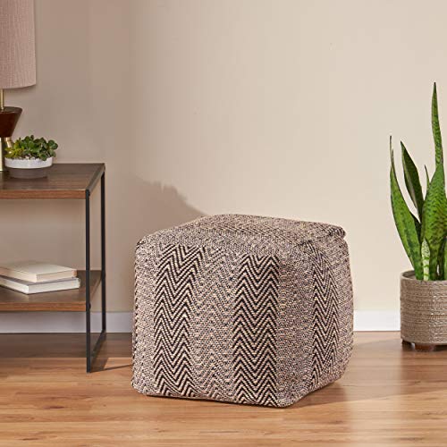 Foamma Pouf Ottoman Natural and Blue, 16"x16"x16" - Square Ottoman Foot Rest for Living Room and Bedroom, Pouf Footstool with Handcrafted Wool Cover, Foot Rest for Couch, Boho Furniture for Home
