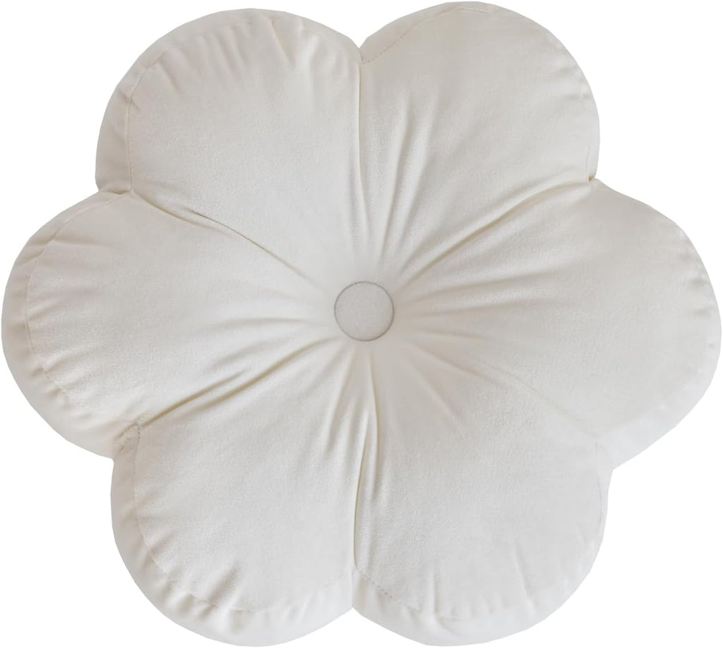 Flower Shaped Round Throw Pillow, Decorative Seat Cushion, 15", Ivory White