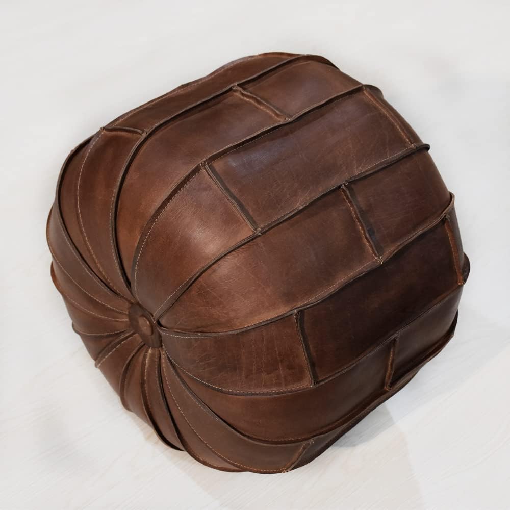 Handmade Eco-Friendly Solid Leather Pouf Brown Color Round 18" x 18" x 18" Buffalo Leather Pouf for Living Room, Bedroom Seating, Patio
