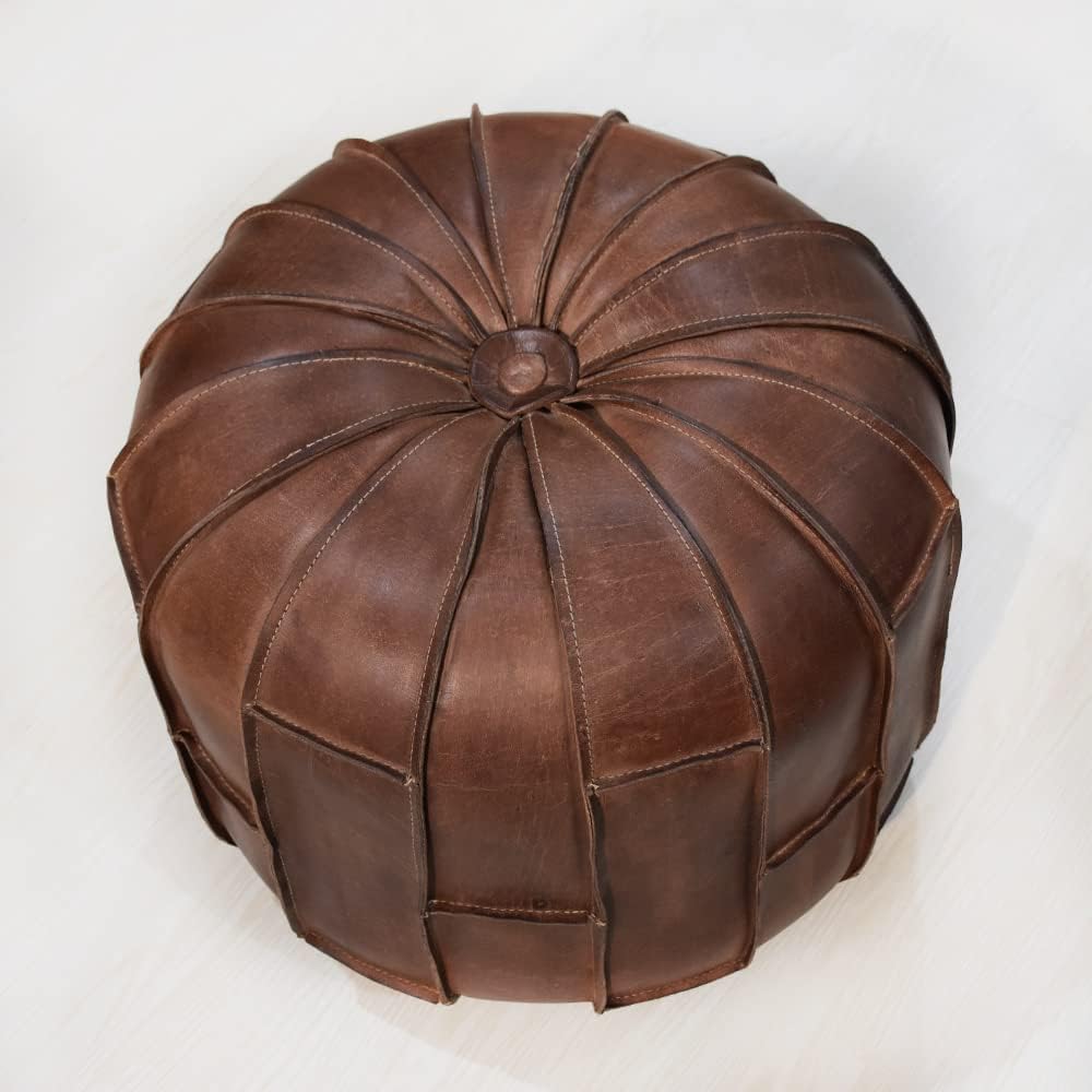 Handmade Eco-Friendly Solid Leather Pouf Brown Color Round 18" x 18" x 18" Buffalo Leather Pouf for Living Room, Bedroom Seating, Patio
