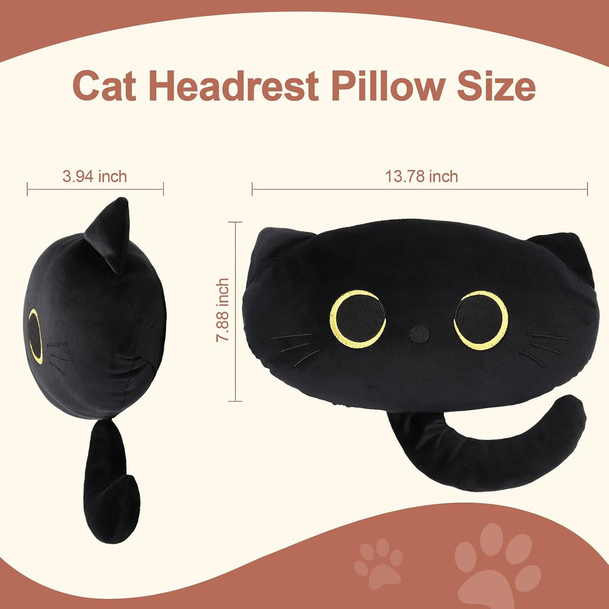 Black Cat Car Headrest Pillow Neck Support Plush Cushion for Driving Seat (2 pcs)