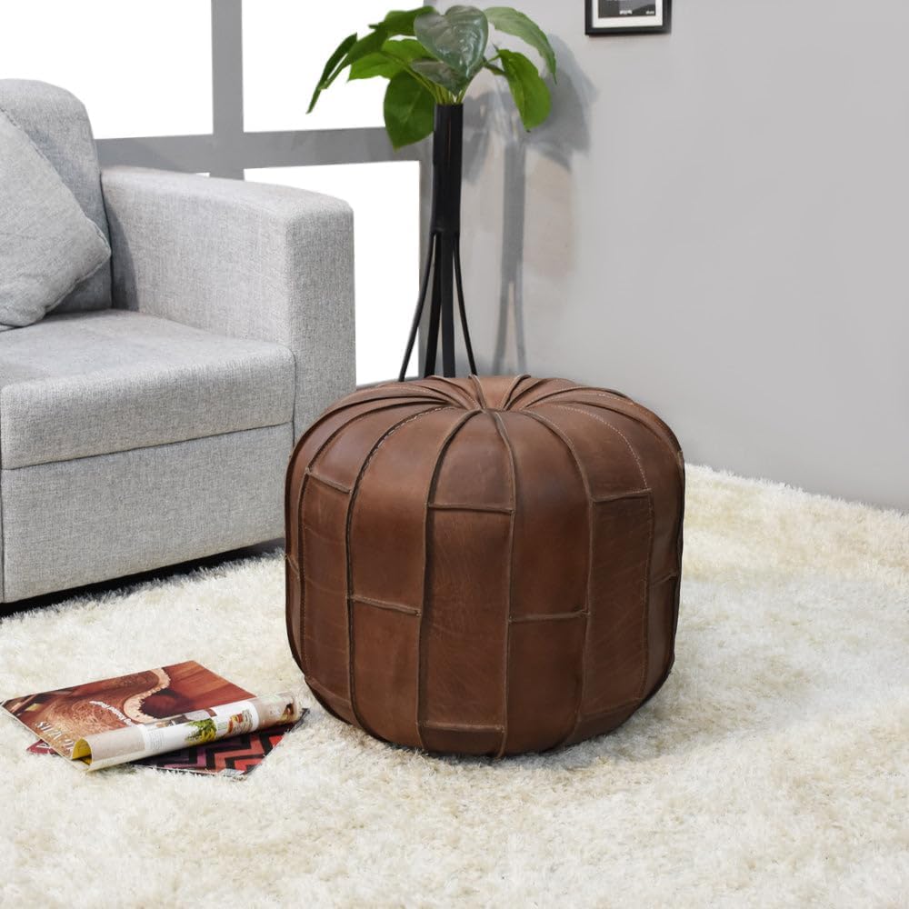 Handmade Eco-Friendly Solid Leather Pouf Brown Color Round 18" x 18" x 18" Buffalo Leather Pouf for Living Room, Bedroom Seating, Patio