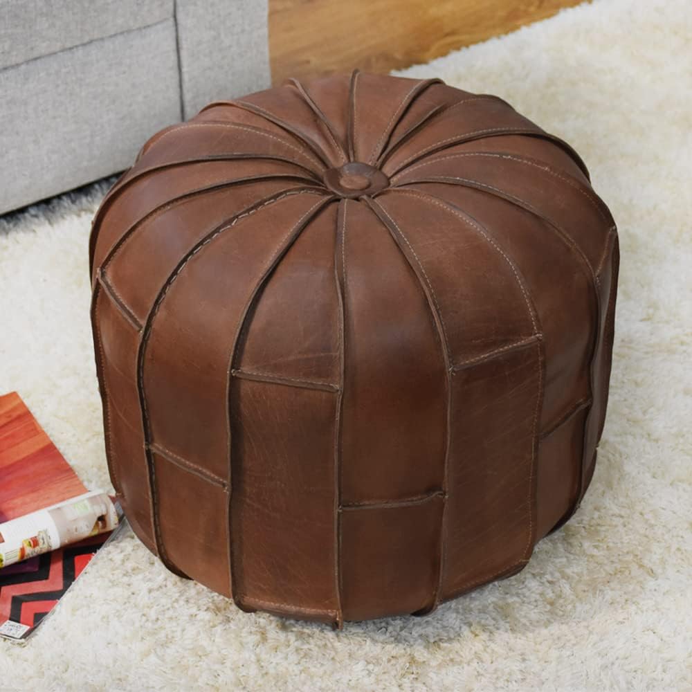 Handmade Eco-Friendly Solid Leather Pouf Brown Color Round 18" x 18" x 18" Buffalo Leather Pouf for Living Room, Bedroom Seating, Patio