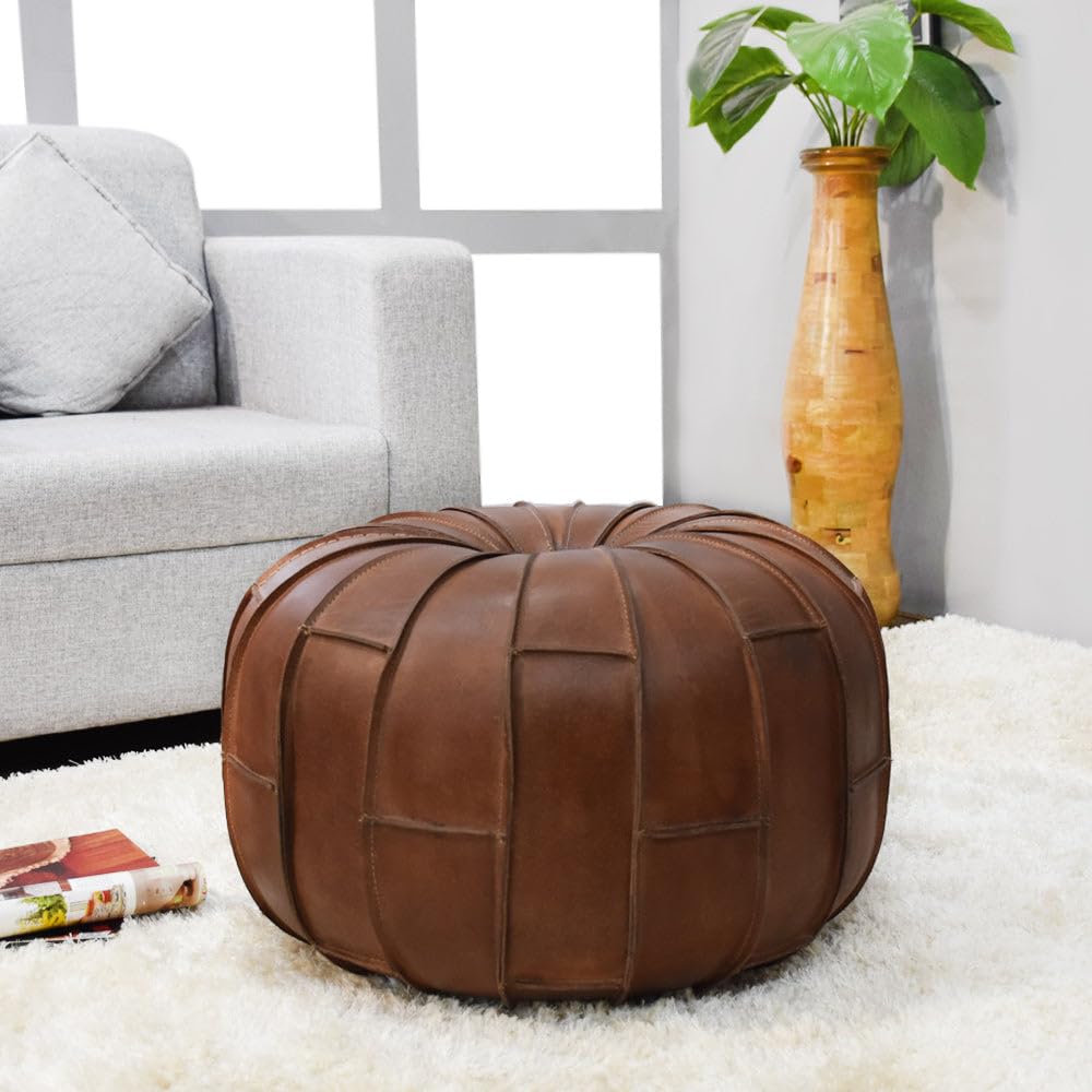 Handmade Eco-Friendly Solid Leather Pouf Brown Color Round 18" x 18" x 18" Buffalo Leather Pouf for Living Room, Bedroom Seating, Patio