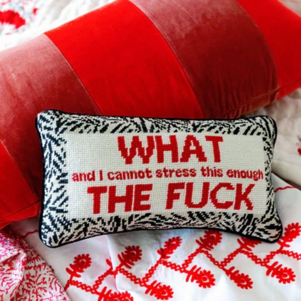 FURBISH Needlepoint Decorative Throw Pillow - WTF - 8" x 14" - Small Embroidered Accent Pillow for Bed, Chair, Couch, Sofa - Eclectic Home Decor