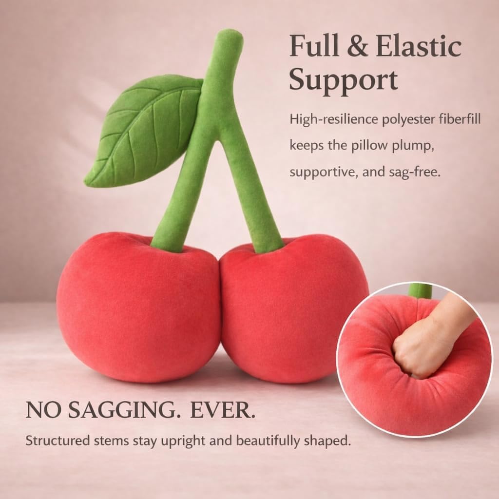 Cherry Pillow Fruit Velvet Throw Pillow 17x14 Inch Shape Hold Sculpted Stem