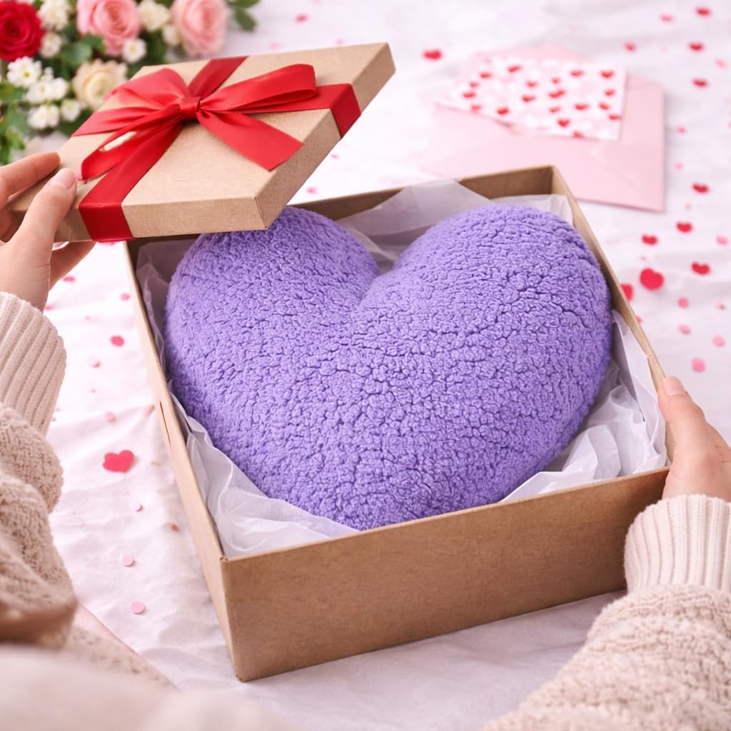 EVOLIVE Heart-Shaped Sherpa Pillow 15"x17" Soft Plush Cushion (Lavender)