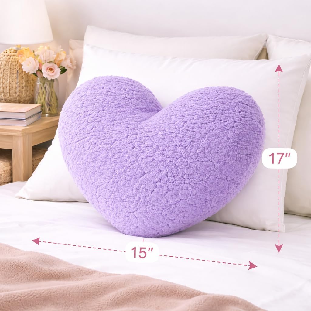 EVOLIVE Heart-Shaped Sherpa Pillow 15"x17" Soft Plush Cushion (Lavender)