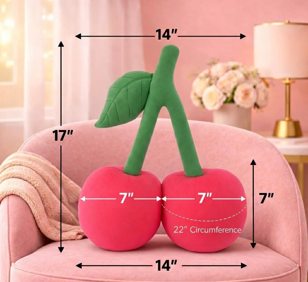 Cherry Pillow Fruit Velvet Throw Pillow 17x14 Inch Shape Hold Sculpted Stem