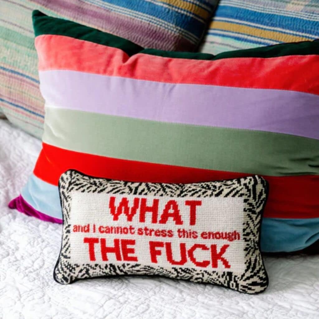 FURBISH Needlepoint Decorative Throw Pillow - WTF - 8" x 14" - Small Embroidered Accent Pillow for Bed, Chair, Couch, Sofa - Eclectic Home Decor