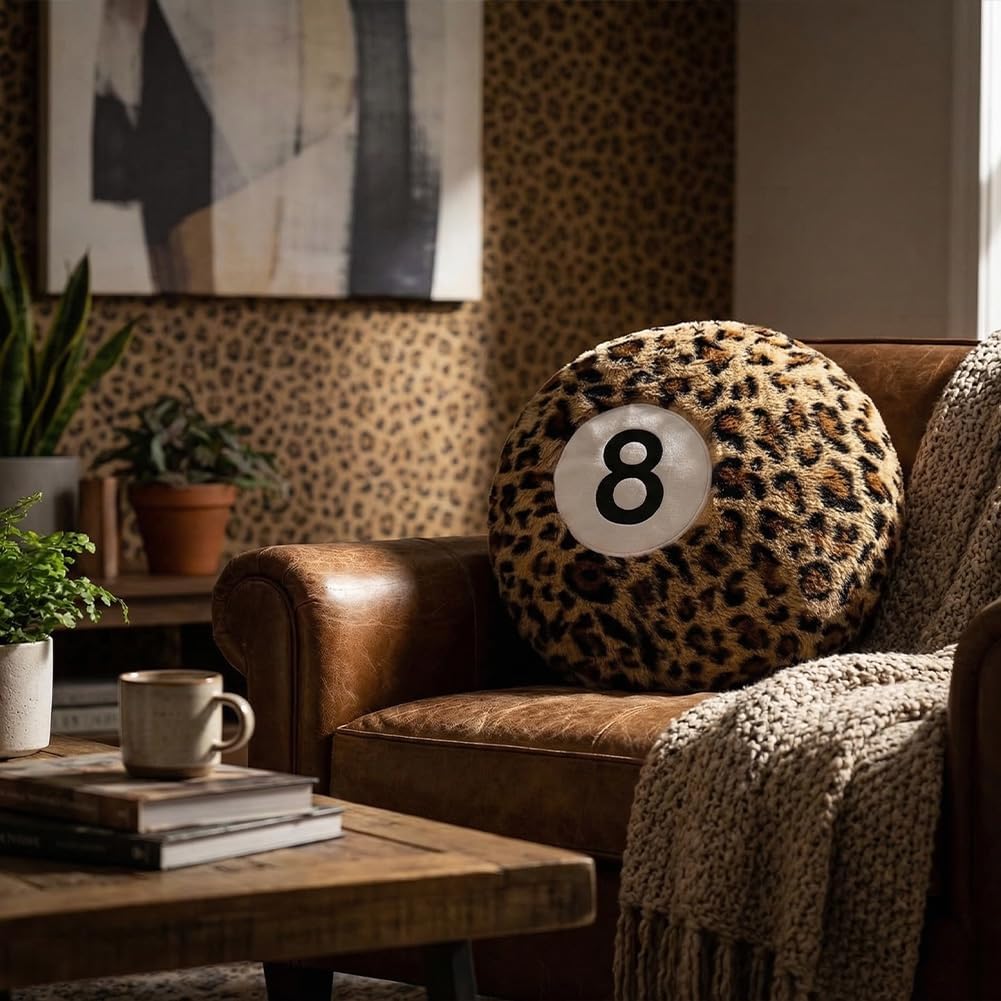 Cheetah 8 Ball Pillow - 14 Inch Leopard Print Throw Pillow, Soft Faux Fur Round Decorative Cushion for Home Bed, Sofa, Couch, Bedroom & Living Room (Cheetah)
