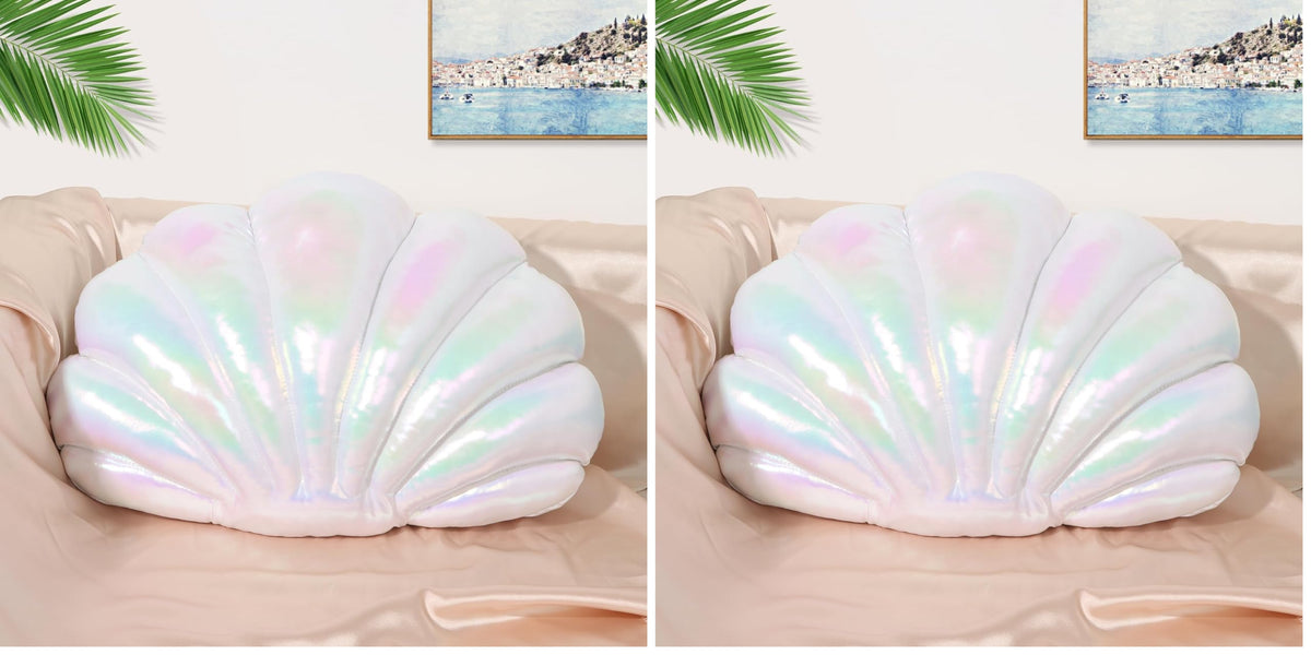 Marble Empire Seashell Pillow - Holographic Iridescent Foil Fabric Throw Pillow for Couch, Coastal Beach Theme Decor, Ocean Themed Bedroom Living Room Accent Pillow（Pearl White,14×11''）
