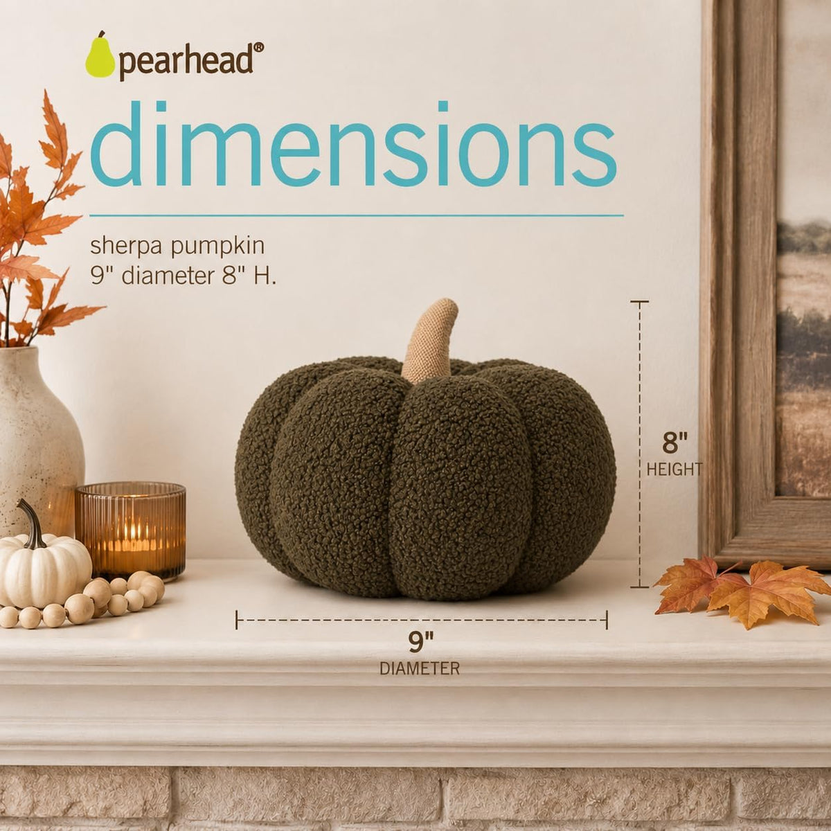 Pearhead Sherpa Pumpkin Pillow Decor, Modern Fall Home, 9", Olive Green
