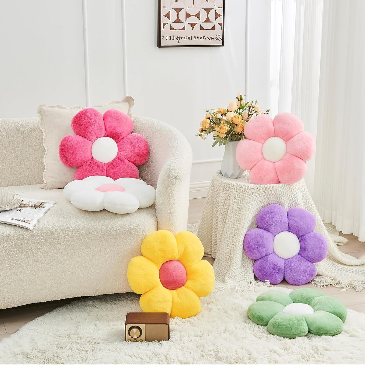 2 Pcs Flower Throw Pillow,15.7'' Daisy Shaped Pillows Set with Faux Rabbit Fur,Soft Flower Plush Throw Pillow Cushions for Bed Sofa Couch Home Decor (White+Pink)