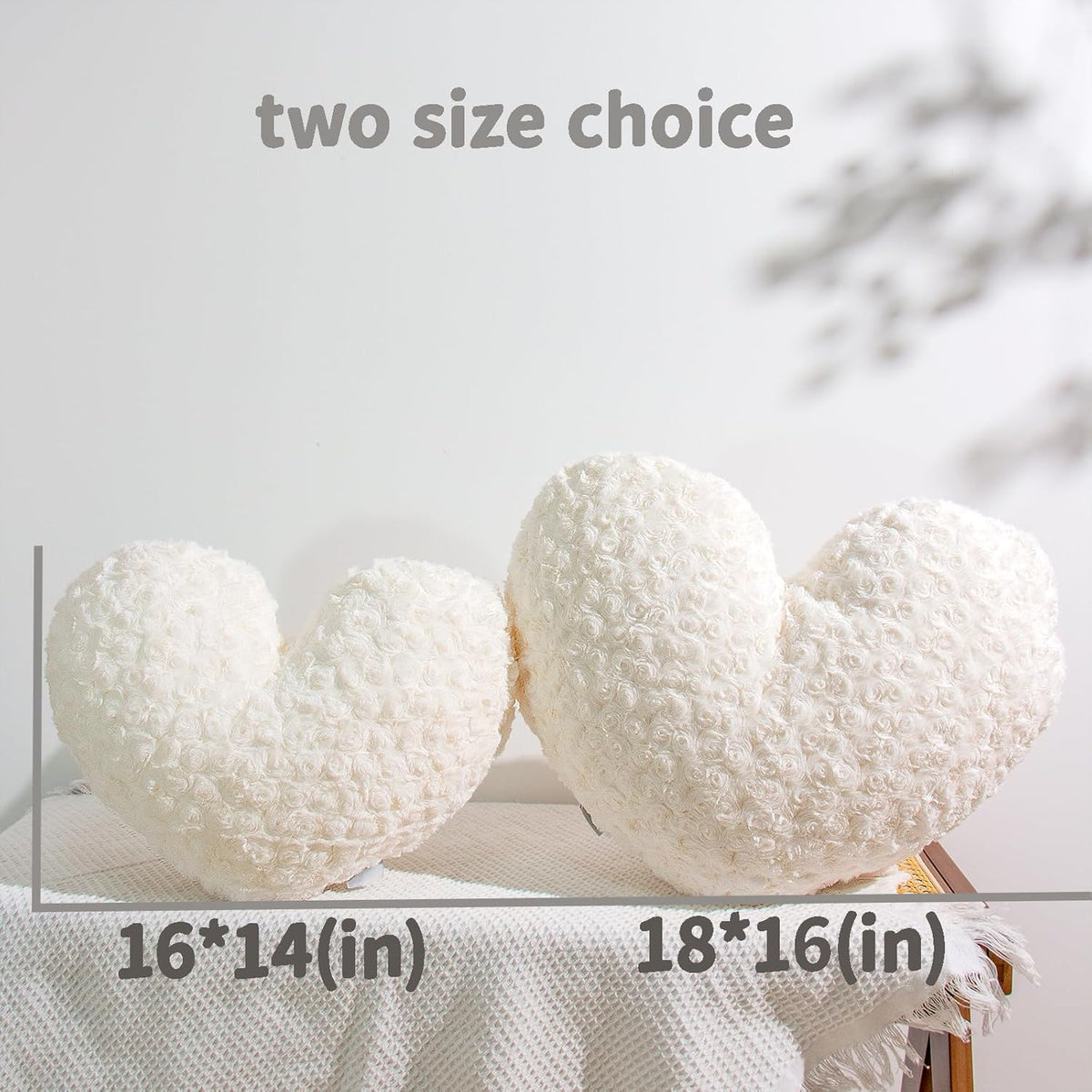 16" Creamy Pearl White Heart Pillow, Luxury 600GSM Rose Textured Faux Rabbit Fur, Super Matte Soft Aesthetic Decorative Throw Pillow for Couch Bed Sofa, Neutral Home Decor Heart Cushion