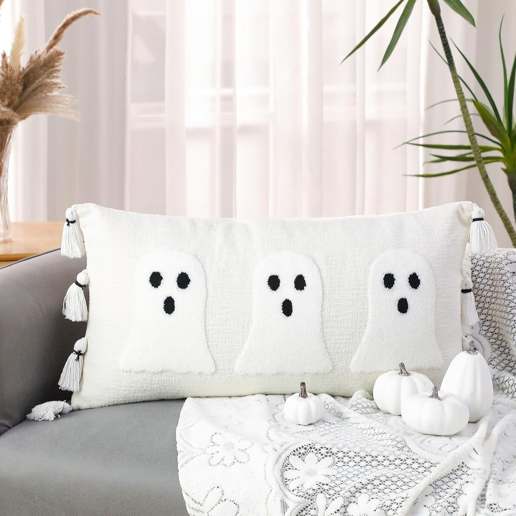 Vercraft Halloween Ghost Lumbar Throw Pillow with Tassels 14x26,White