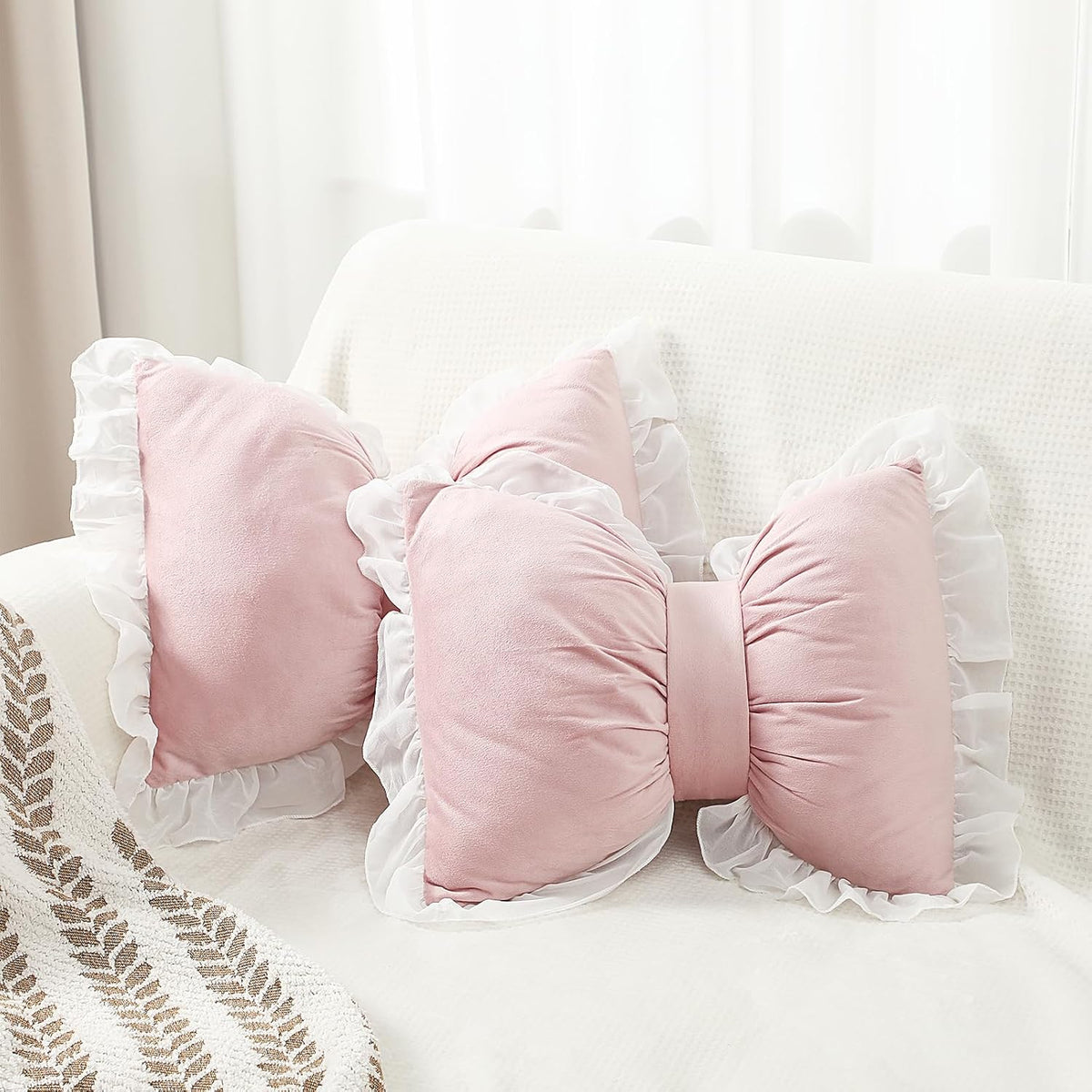 Yousoontic 2 Pcs Bow Throw Pillows 15.7x12.6 in, Velvet, Pink