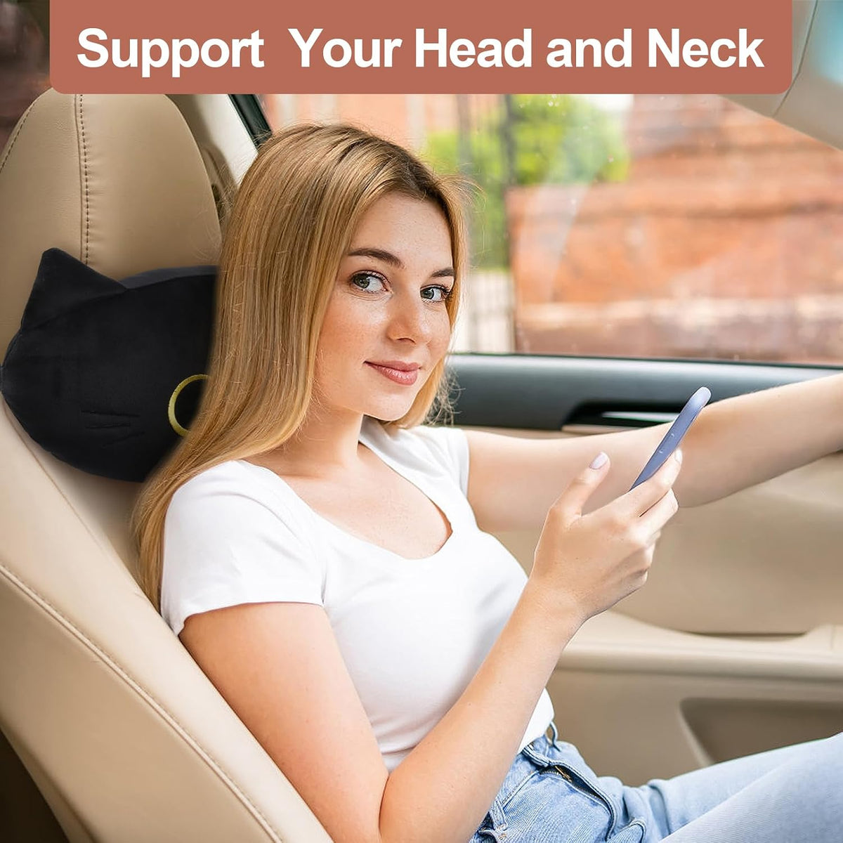 Black Cat Car Headrest Pillow Neck Support Plush Cushion for Driving Seat (2 pcs)