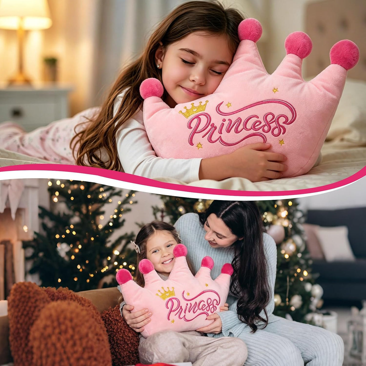 Sliner Crown Shaped Throw Pillow 16'' x 15'' Pink Plush Crown Princess Throw Pillow Fluffy Decorative Soft Pillows Sofa Bed Back Cushion for Home Bedroom Decor