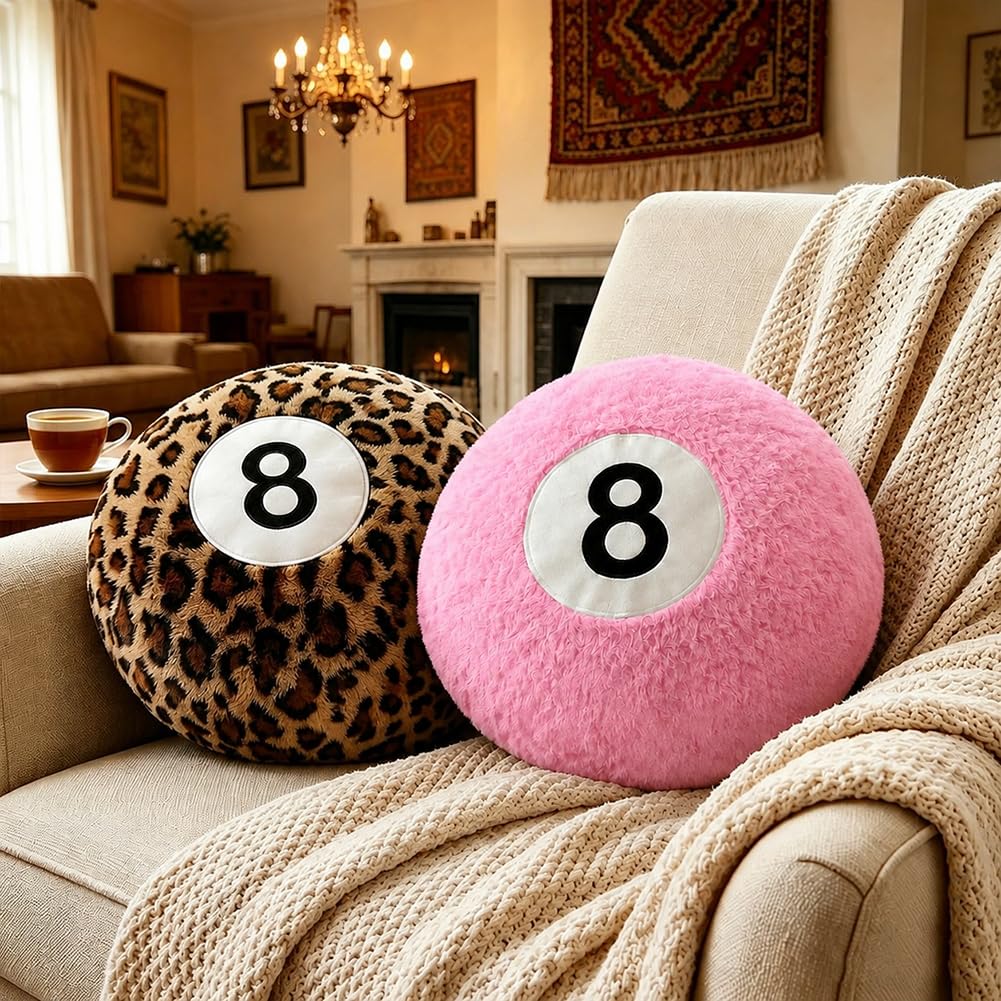 Cheetah 8 Ball Pillow - 14 Inch Leopard Print Throw Pillow, Soft Faux Fur Round Decorative Cushion for Home Bed, Sofa, Couch, Bedroom & Living Room (Cheetah)
