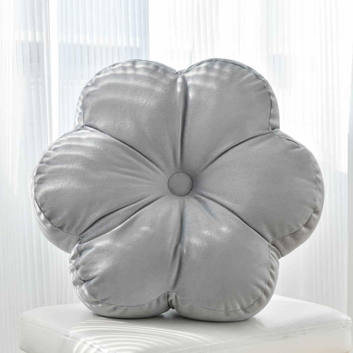 Flower Shaped Round Throw Pillow, Decorative Seat Cushion, 15", Ivory White