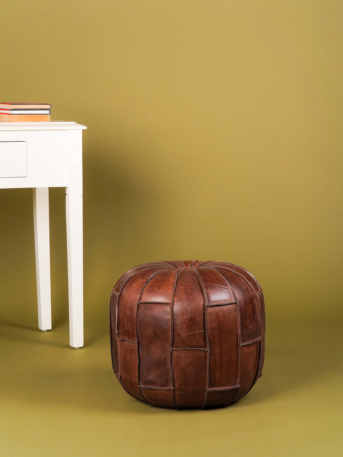Handmade Eco-Friendly Solid Leather Pouf Brown Color Round 18" x 18" x 18" Buffalo Leather Pouf for Living Room, Bedroom Seating, Patio