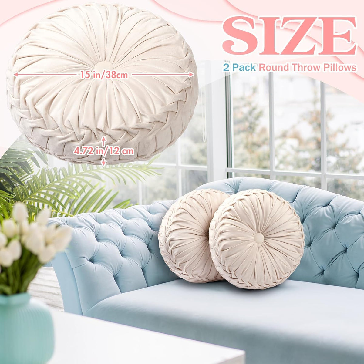 Beeveer 2 Pcs Round Throw Pillows Velvet Pleated Pillows, Ivory