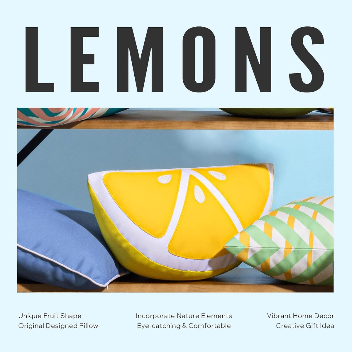 Phantoscope Fruit Outdoor Shaped Pillow Series Lemon Wedge Shaped Waterproof Outdoor Throw Pillow with Leather Decorative, Cushions for Fun Home Decor for Patio, Pool, Yellow, 9.5 x 18 inches