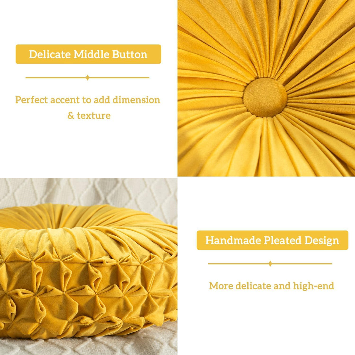 Round Throw Pillow Set of 2 – Decorative Velvet Ruched Pumpkin Pillows with Button Center, Soft Handmade Cushions for Couch Sofa Bed Farmhouse Vintage Rustic Decor, 14.5" R, Yellow