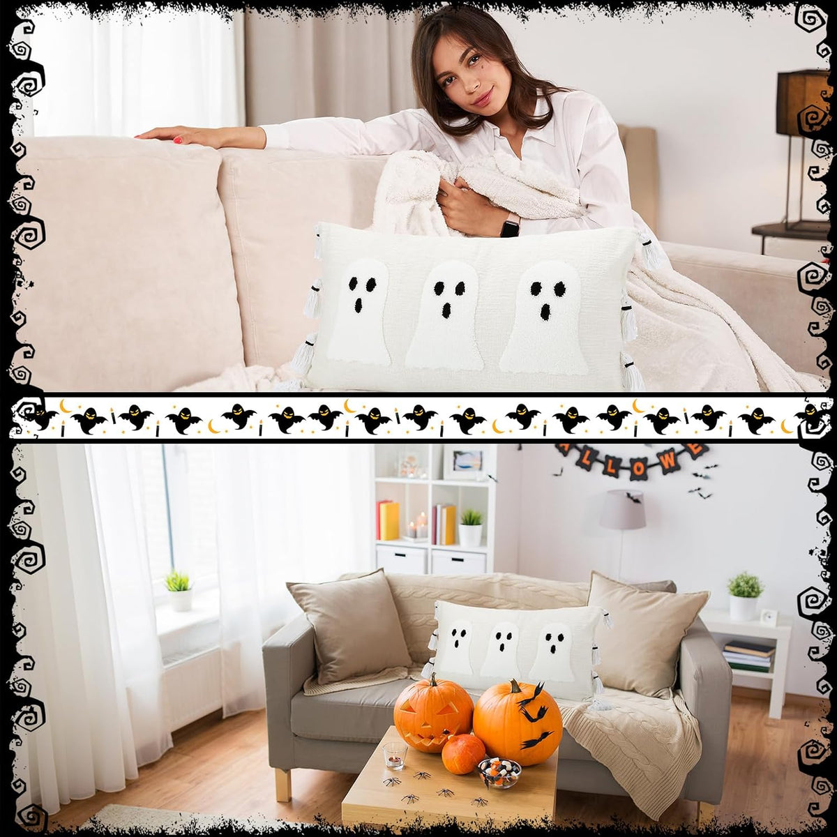 Vercraft Halloween Ghost Lumbar Throw Pillow with Tassels 14x26,White
