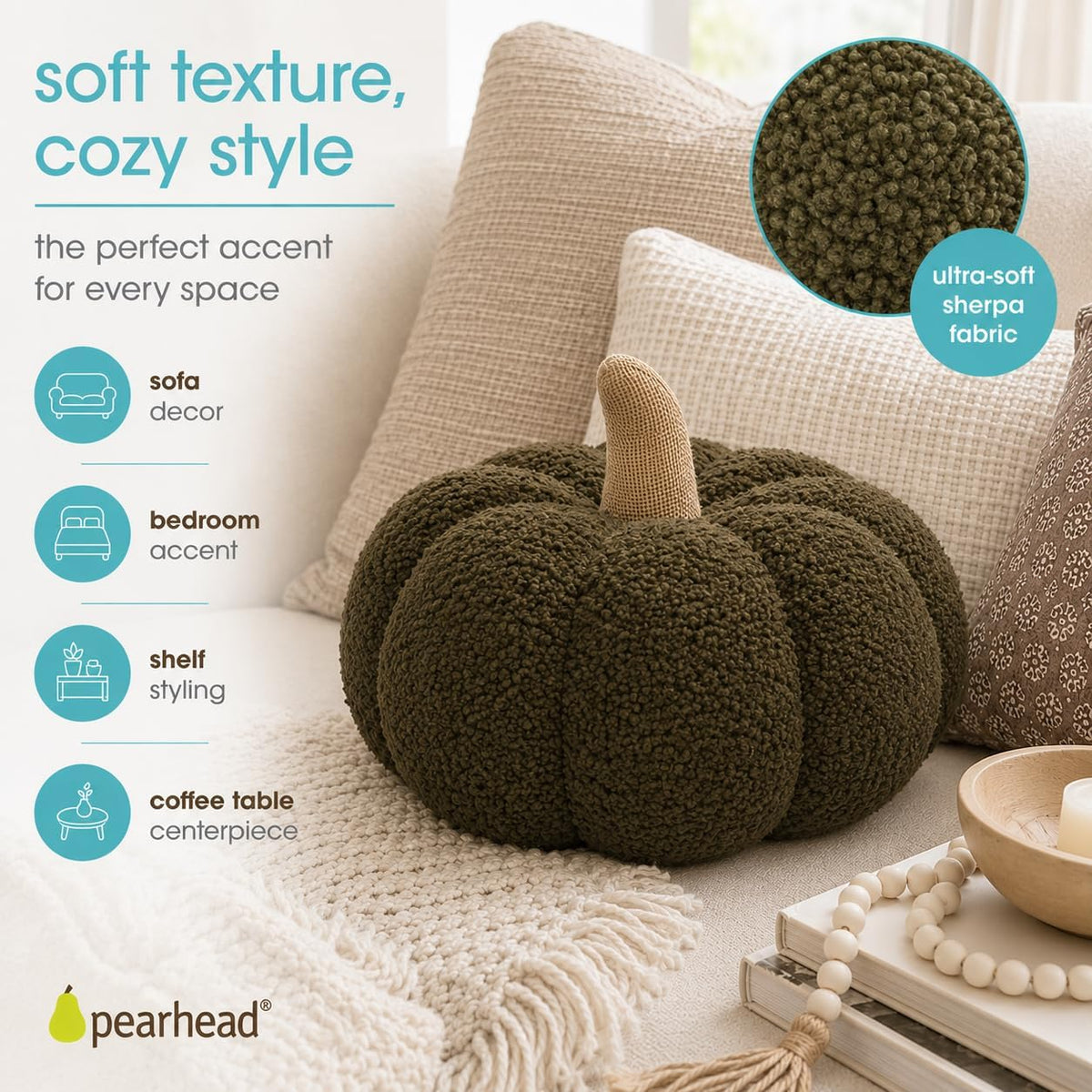 Pearhead Sherpa Pumpkin Pillow Decor, Modern Fall Home, 9", Olive Green