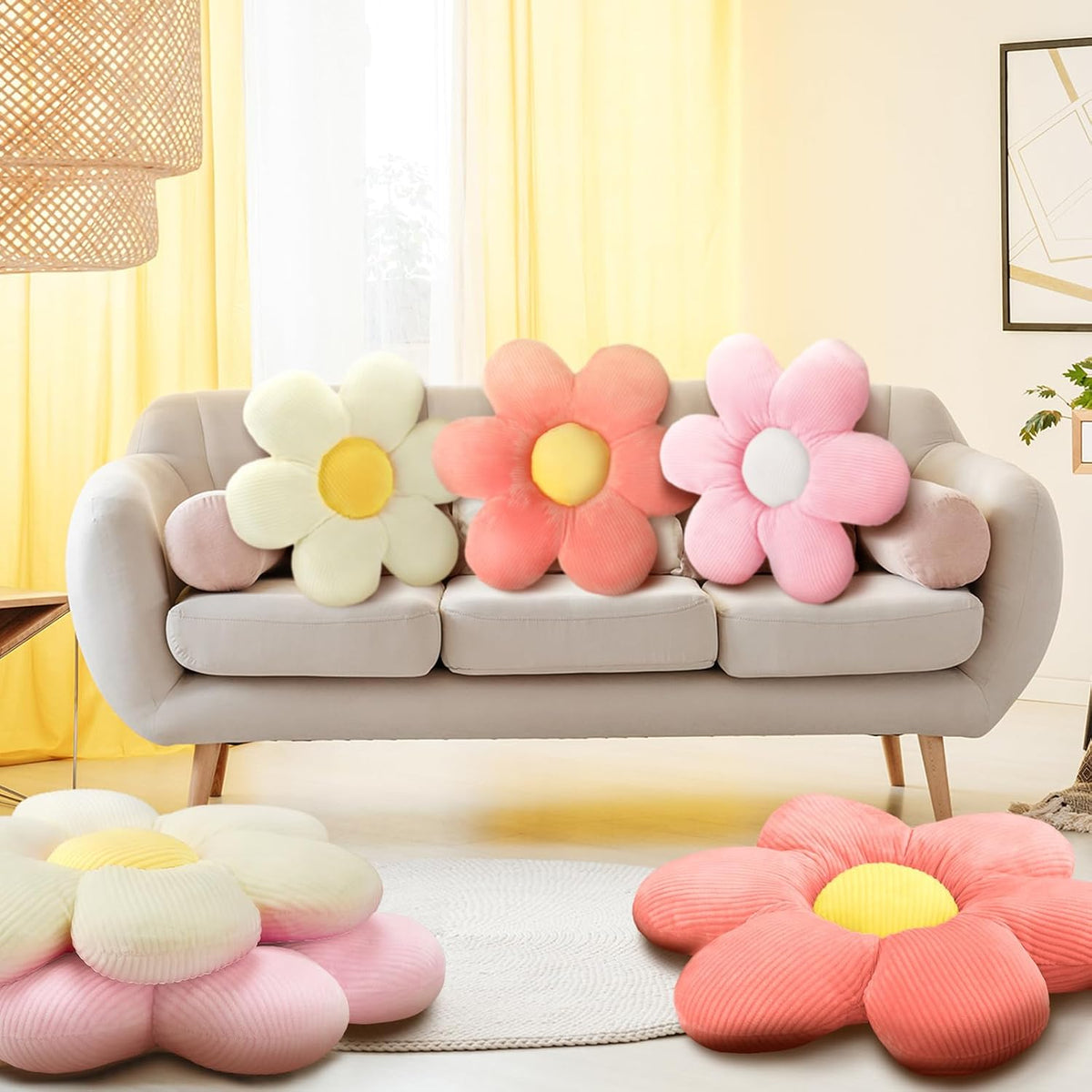 Sratte 3 Pcs Flower Pillows Daisy Cushion, Vivid Colors, 16"