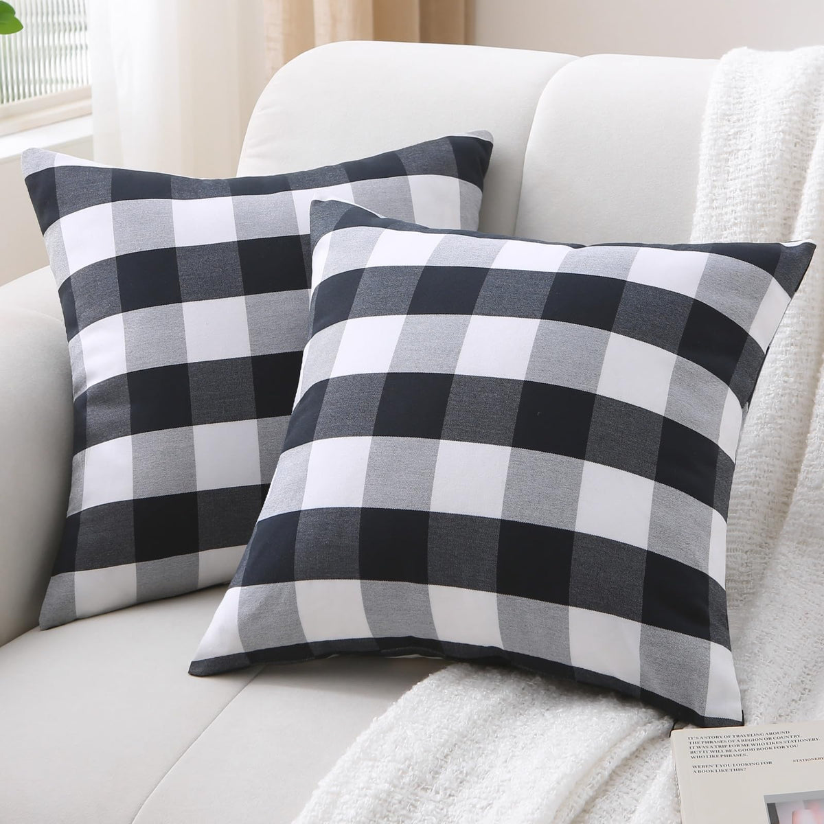 Rustic Buffalo Plaid Pillows with Inserts Set of 2, Retro Cotton Linen Decorative Throw Pillows for Front Porch Patio Decor, Classic Home Decor for Sofa Bed Couch(Black White, 16" x 16")