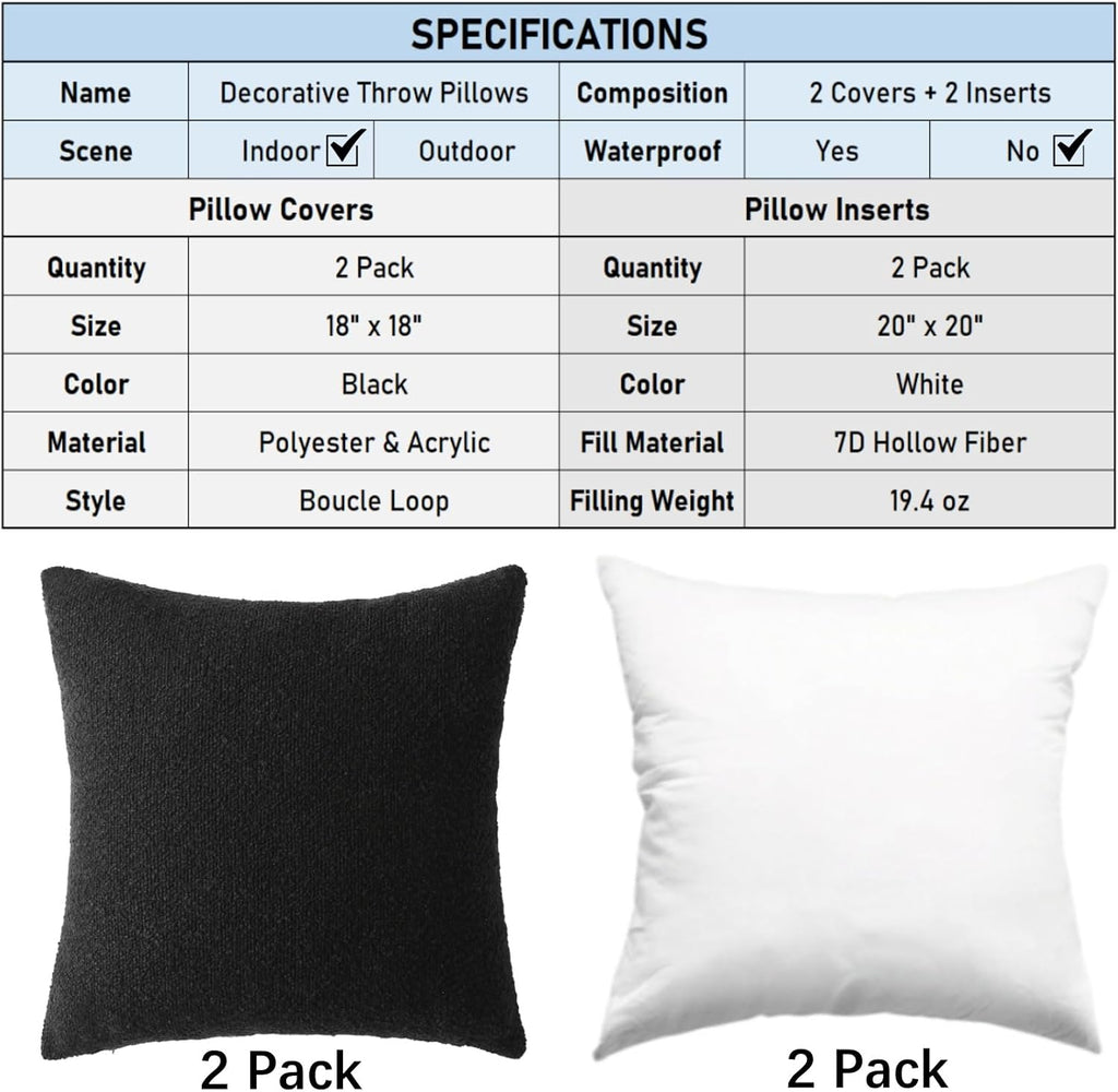 Complete Throw Pillows with Inserts, Set of 2 Decorative Throw Pillow-Boucle-18 x 18"-Square Boho Pillows for Couch, Patio, Bed, Sofa Decor (Black, 18" x 18"(Pack of 2))